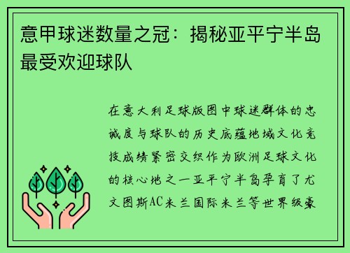 意甲球迷数量之冠：揭秘亚平宁半岛最受欢迎球队