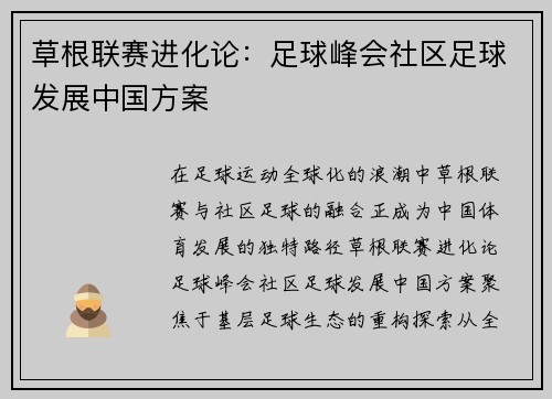 草根联赛进化论：足球峰会社区足球发展中国方案